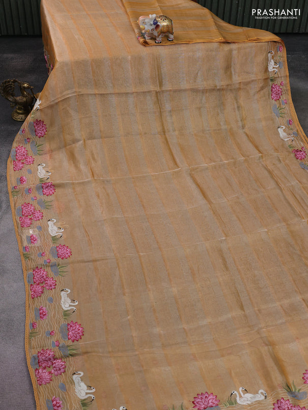 Pure tissue silk saree sandal with allover stripe pattern and embroidery border