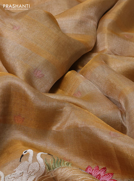 Pure tissue silk saree sandal with allover stripe pattern and embroidery border