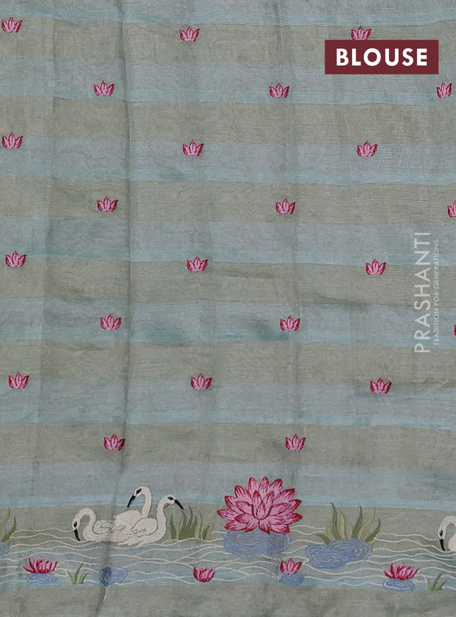 Pure tissue silk saree pastel blue with allover stripe pattern and embroidery border