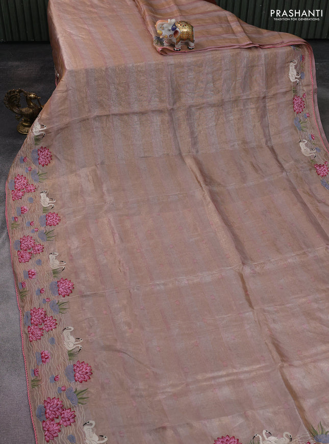 Pure tissue silk saree pastel peach pink with allover stripe pattern and embroidery border