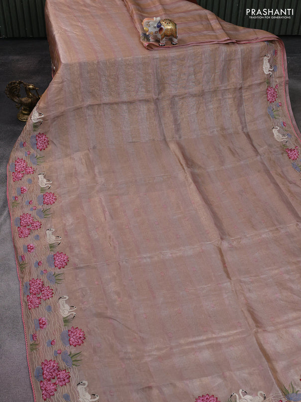 Pure tissue silk saree pastel peach pink with allover stripe pattern and embroidery border