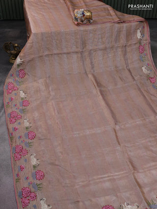 Pure tissue silk saree pastel peach pink with allover stripe pattern and embroidery border