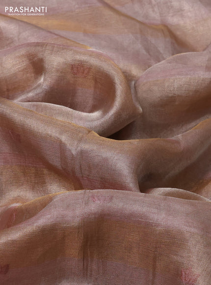 Pure tissue silk saree pastel peach pink with allover stripe pattern and embroidery border