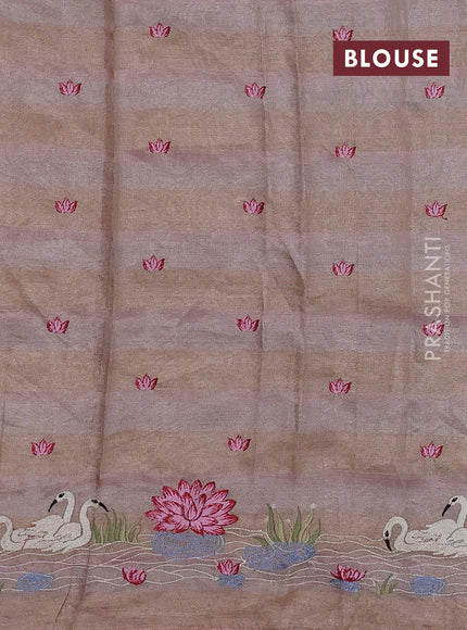 Pure tissue silk saree pastel peach pink with allover stripe pattern and embroidery border