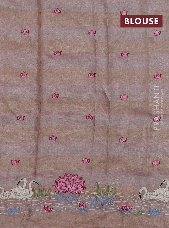 Pure tissue silk saree pastel peach pink with allover stripe pattern and embroidery border