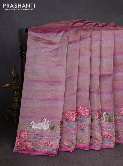 Pure tissue silk saree pink with allover stripe pattern and embroidery border