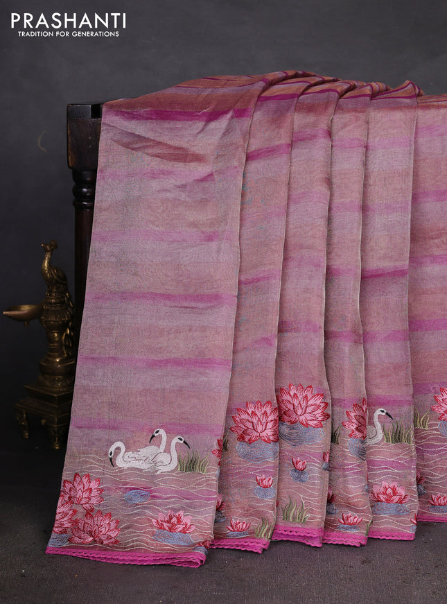 Pure tissue silk saree pink with allover stripe pattern and embroidery border