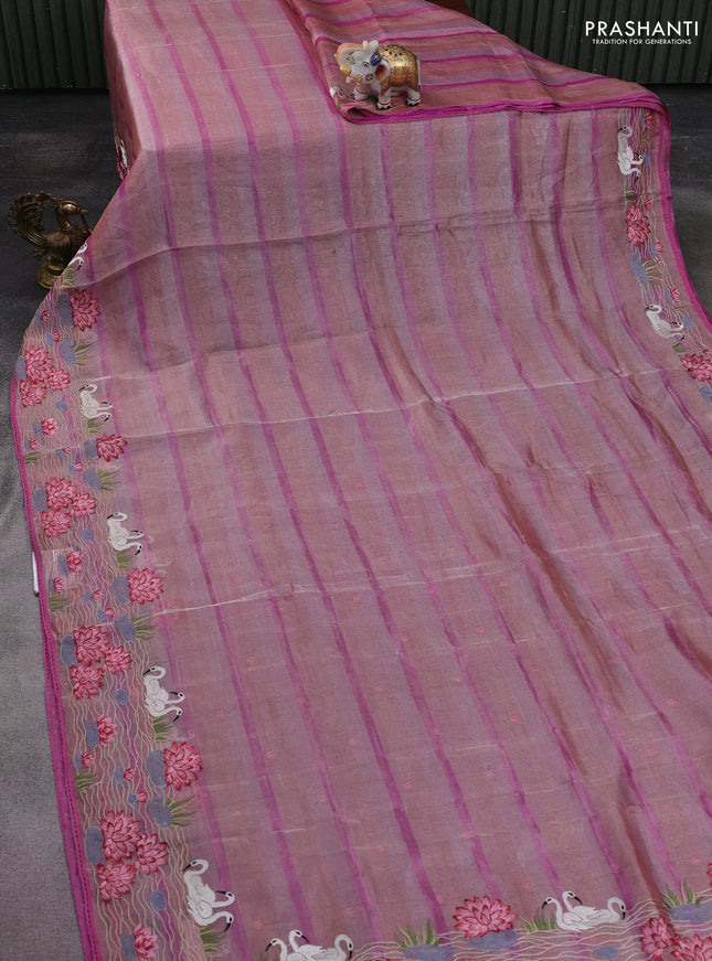 Pure tissue silk saree pink with allover stripe pattern and embroidery border