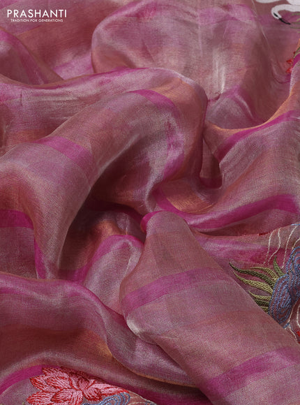 Pure tissue silk saree pink with allover stripe pattern and embroidery border
