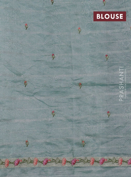 Pure tissue silk saree teal blue with allover silver zari strip pattern & beaded work and pichwai embroidery border