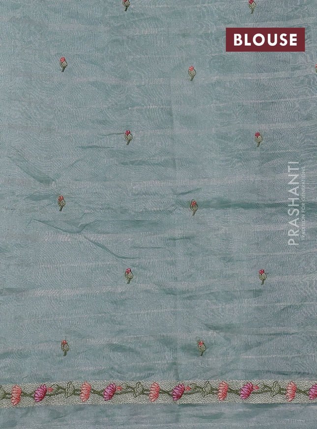 Pure tissue silk saree teal blue with allover silver zari strip pattern & beaded work and pichwai embroidery border