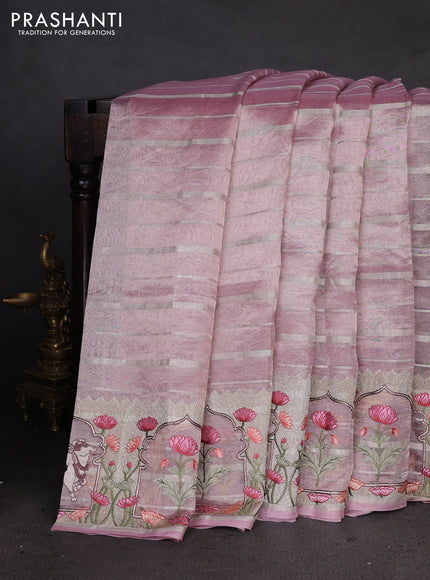 Pure tissue silk saree baby pink with allover silver zari strip pattern & beaded work and pichwai embroidery border