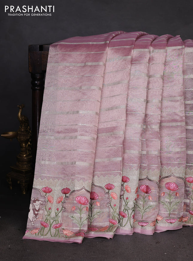 Pure tissue silk saree baby pink with allover silver zari strip pattern & beaded work and pichwai embroidery border