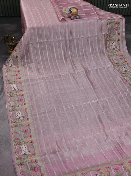 Pure tissue silk saree baby pink with allover silver zari strip pattern & beaded work and pichwai embroidery border