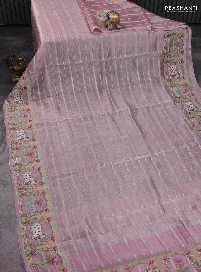 Pure tissue silk saree baby pink with allover silver zari strip pattern & beaded work and pichwai embroidery border