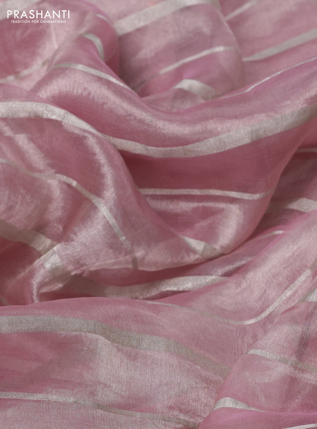 Pure tissue silk saree baby pink with allover silver zari strip pattern & beaded work and pichwai embroidery border
