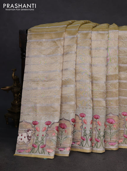 Pure tissue silk saree pale yellow with allover silver zari strip pattern & beaded work and pichwai embroidery border