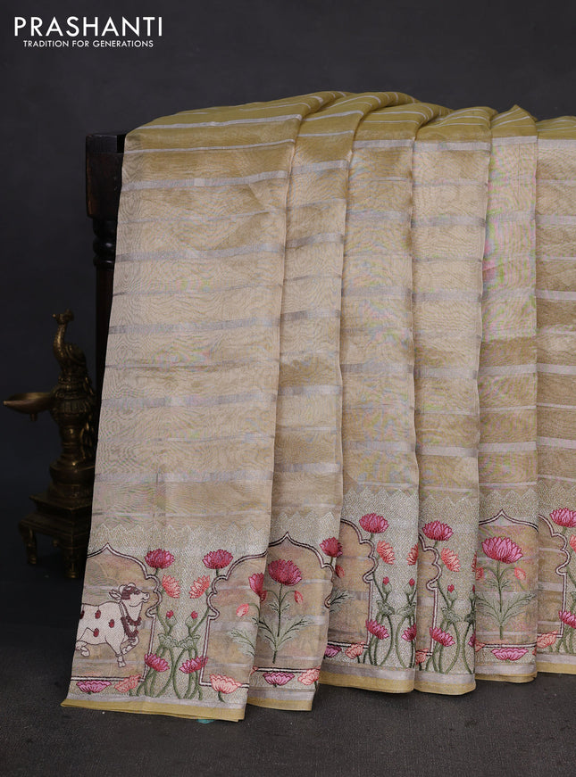 Pure tissue silk saree pale yellow with allover silver zari strip pattern & beaded work and pichwai embroidery border