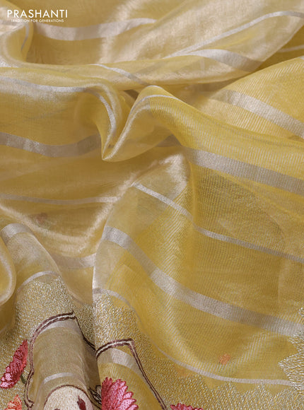 Pure tissue silk saree pale yellow with allover silver zari strip pattern & beaded work and pichwai embroidery border