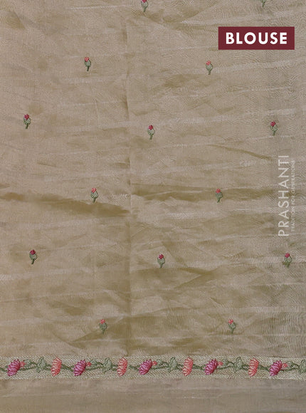 Pure tissue silk saree pale yellow with allover silver zari strip pattern & beaded work and pichwai embroidery border