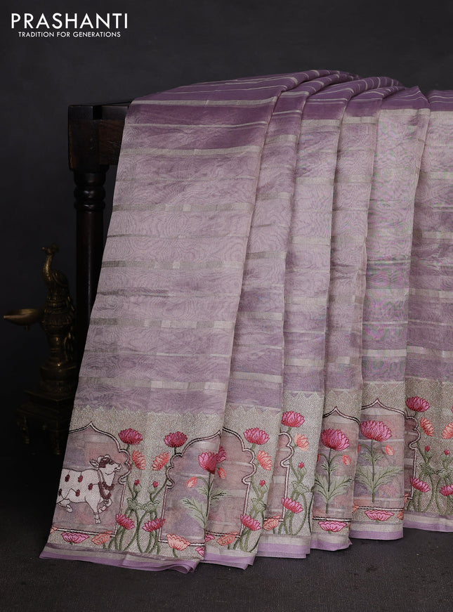 Pure tissue silk saree mild lavender with allover silver zari strip pattern & beaded work and pichwai embroidery border