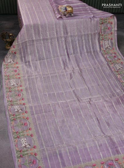 Pure tissue silk saree mild lavender with allover silver zari strip pattern & beaded work and pichwai embroidery border