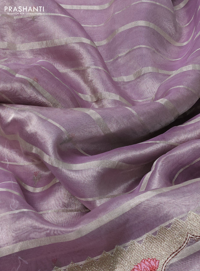 Pure tissue silk saree mild lavender with allover silver zari strip pattern & beaded work and pichwai embroidery border