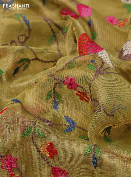 Pure tissue silk saree pista green with allover convent embroidery work and simple border