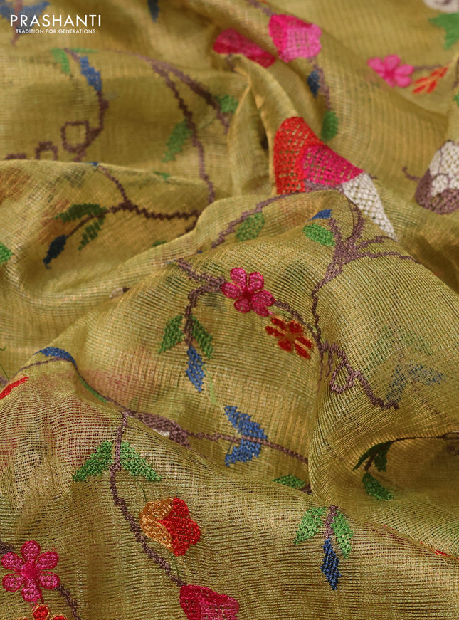 Pure tissue silk saree pista green with allover convent embroidery work and simple border