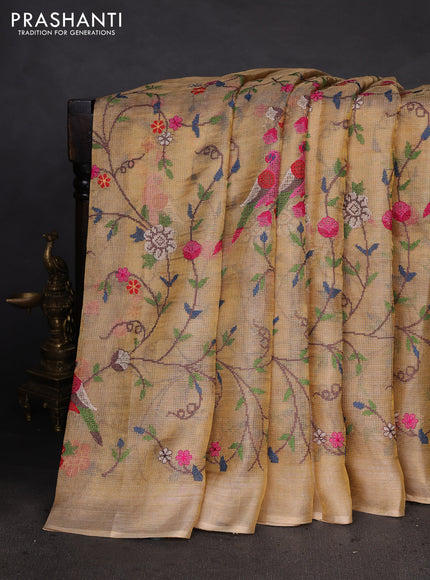 Pure tissue silk saree gold with allover convent embroidery work and simple border
