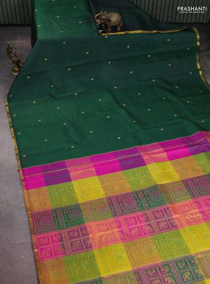 Pure kanchipuram silk saree green and pink with zari woven buttas and small zari woven border