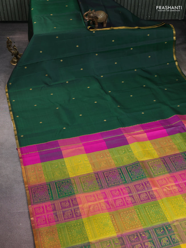 Pure kanchipuram silk saree green and pink with zari woven buttas and small zari woven border