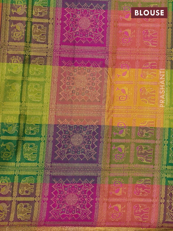 Pure kanchipuram silk saree green and pink with zari woven buttas and small zari woven border