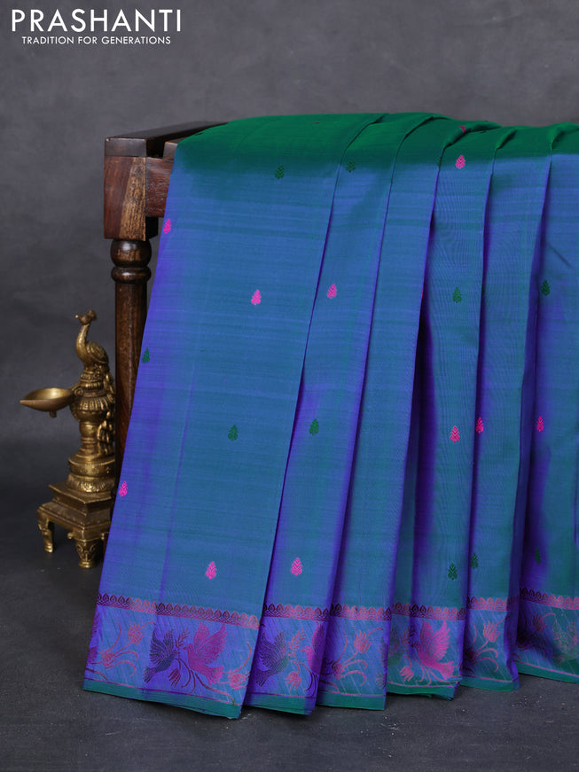 Pure kanchipuram silk saree dual shade of greenish blue with thread woven buttas and rich thread woven border
