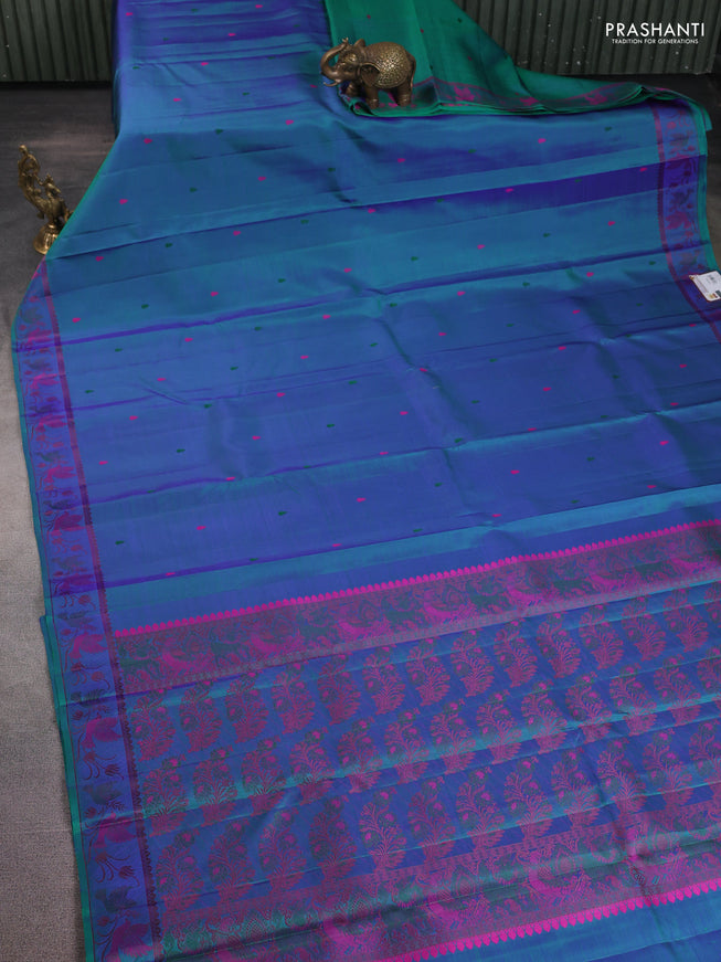 Pure kanchipuram silk saree dual shade of greenish blue with thread woven buttas and rich thread woven border