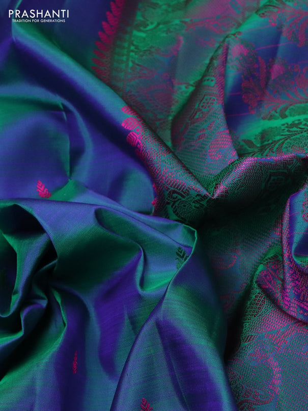 Pure kanchipuram silk saree dual shade of greenish blue with thread woven buttas and rich thread woven border