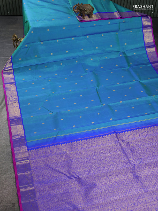 Pure kanchipuram silk saree dual shade of bluish green and blue with zari woven buttas and zari woven border