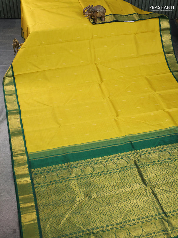 Pure kanchipuram silk saree mustard yellow and green with zari woven buttas and rich zari woven border