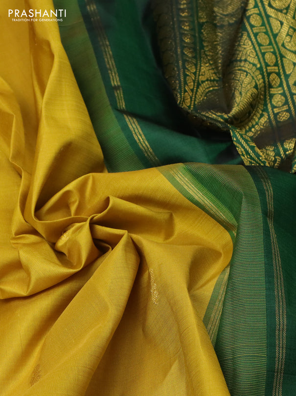 Pure kanchipuram silk saree mustard yellow and green with zari woven buttas and rich zari woven border