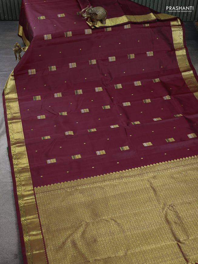 Pure kanchipuram silk saree maroon and green with zari woven buttas and rich zari woven border