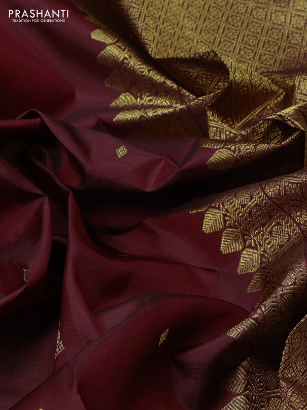 Pure kanchipuram silk saree maroon and green with zari woven buttas and rich zari woven border