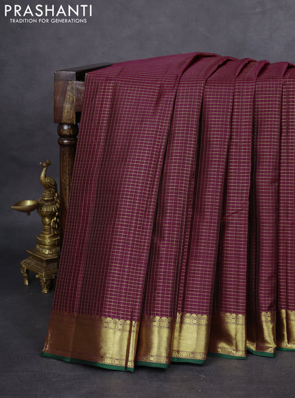 Pure kanchipuram silk saree maroon and green with allover zari checked pattern and zari woven border