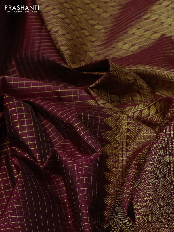 Pure kanchipuram silk saree maroon and green with allover zari checked pattern and zari woven border