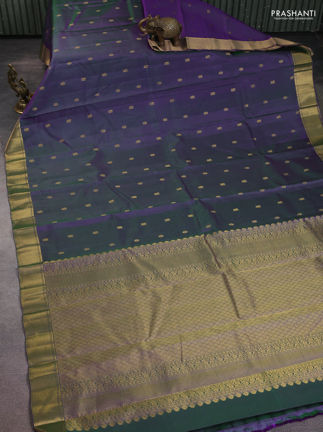 Pure kanchipuram silk saree dual shade of greenish violet with allover zari woven buttas and zari woven border