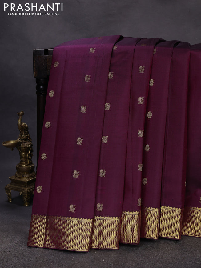 Pure kanchipuram silk saree wine shade with zari woven buttas and zari woven border
