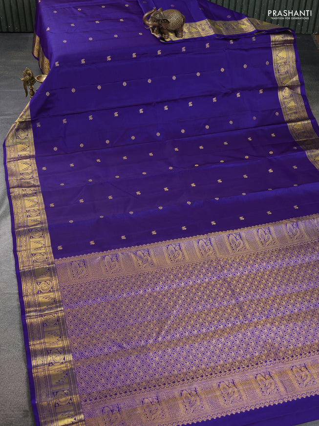 Pure kanchipuram silk saree blue with zari woven buttas and annam & temple zari woven border