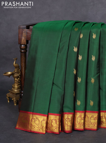 Pure kanchipuram silk saree greem and maroon with zari woven annam buttas and rich zari woven border