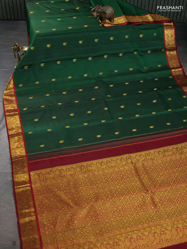 Pure kanchipuram silk saree greem and maroon with zari woven annam buttas and rich zari woven border