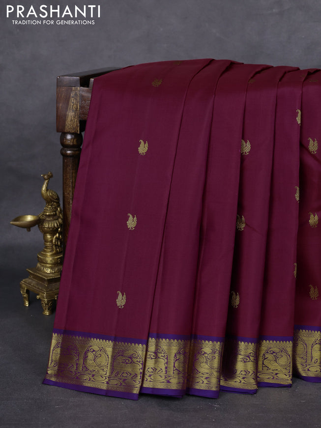 Pure kanchipuram silk saree maroon and dual shade of violet with zari woven annam buttas and rich zari woven border