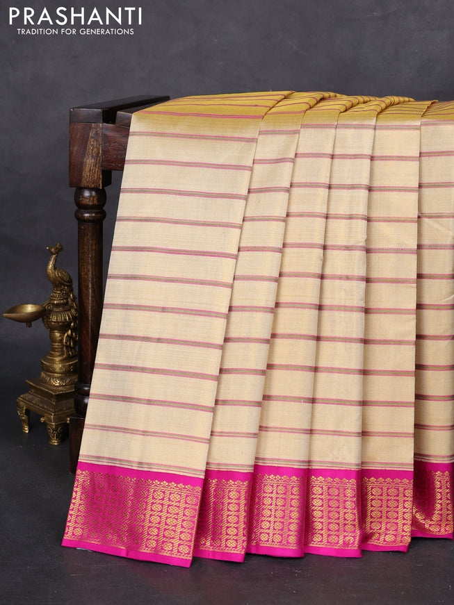 Pure kanchipuram tissue silk saree gold with allover stripe pattern and ganga jamuna border
